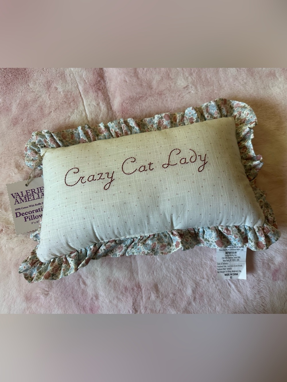 Cream "Crazy Cat Lady" Embroidered Accent Pillow with Floral Ruffle - Picture 1 of 3